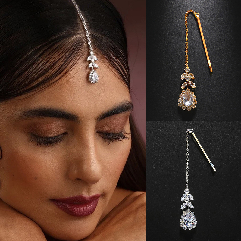 Indian Wedding Supply - インドの花嫁用額飾りヘッドウェア、ウェディングアクセサリー、エレガントなヘッドバンド、リーフジルコンヘアチェーンジュエリー（女性用）