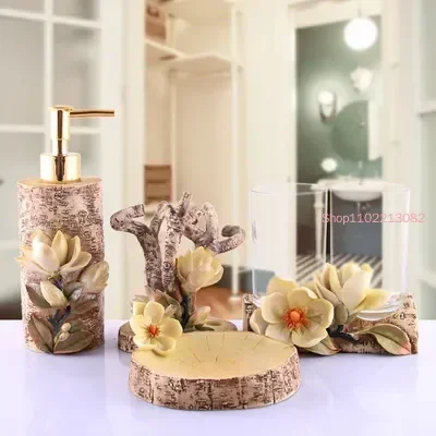 Wedding Bathroom Supply Kit - バスルームアクセサリー 5 点セット ガラス製マウスカップ トゥースブラシ 樹脂ホルダー