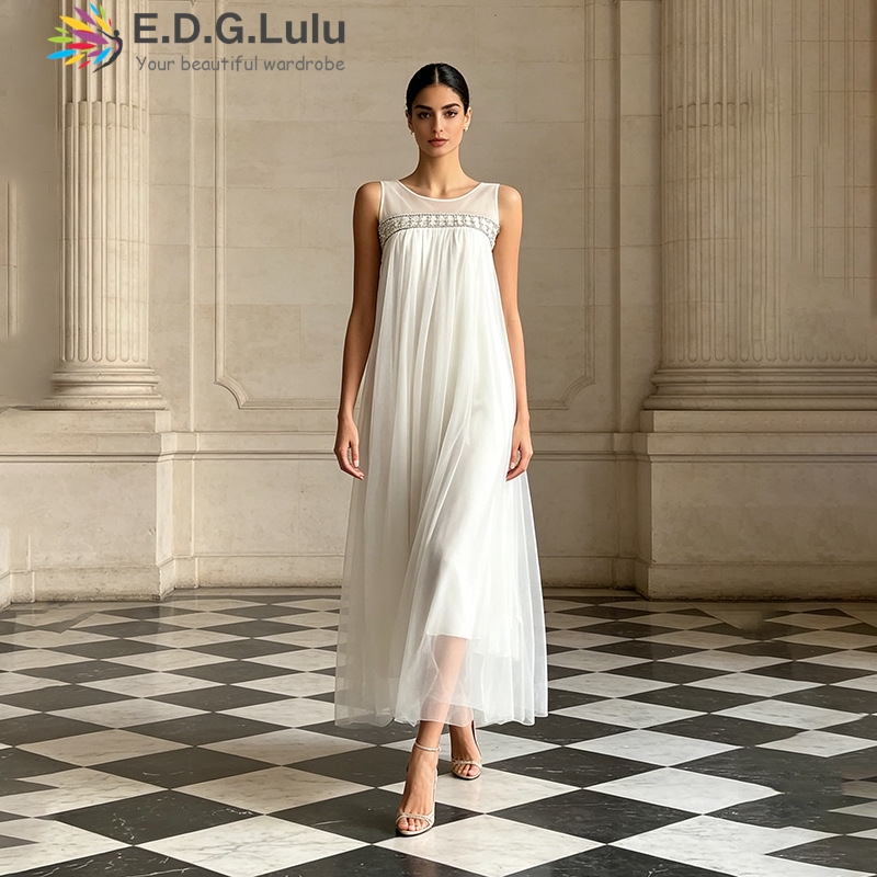 Wedding Lulu - EDGLuLu 高品質 O ネックネイルビーズスプライシングノースリーブロングドレス女性のための 2026 エレガントなメッシュホワイトウェディングドレス