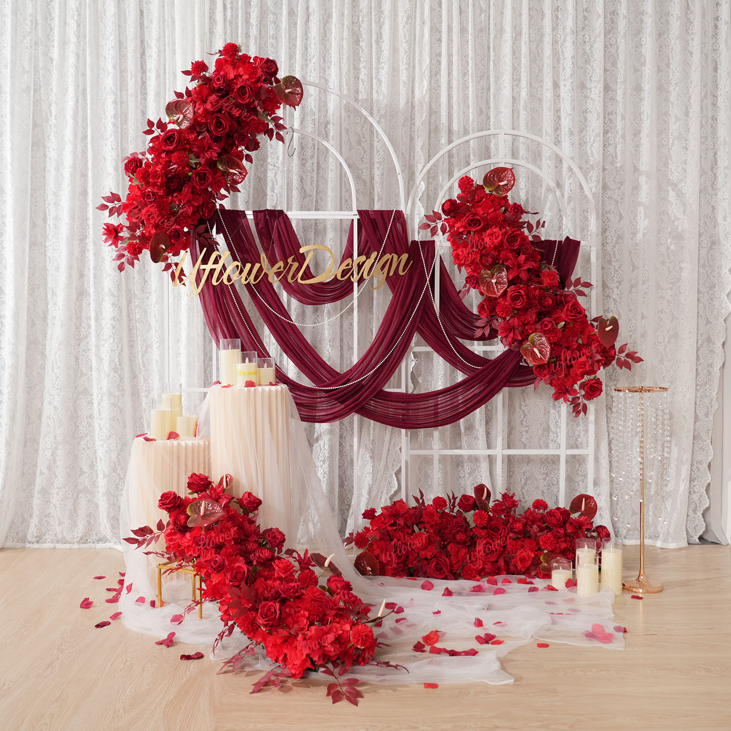 Wedding Arch Flower - Uフラワー レッドフラワー列 ウェディングアーチ装飾背景 テーブルセンターピース イベント小道具 フロアロードイベントフラワーアレンジメント