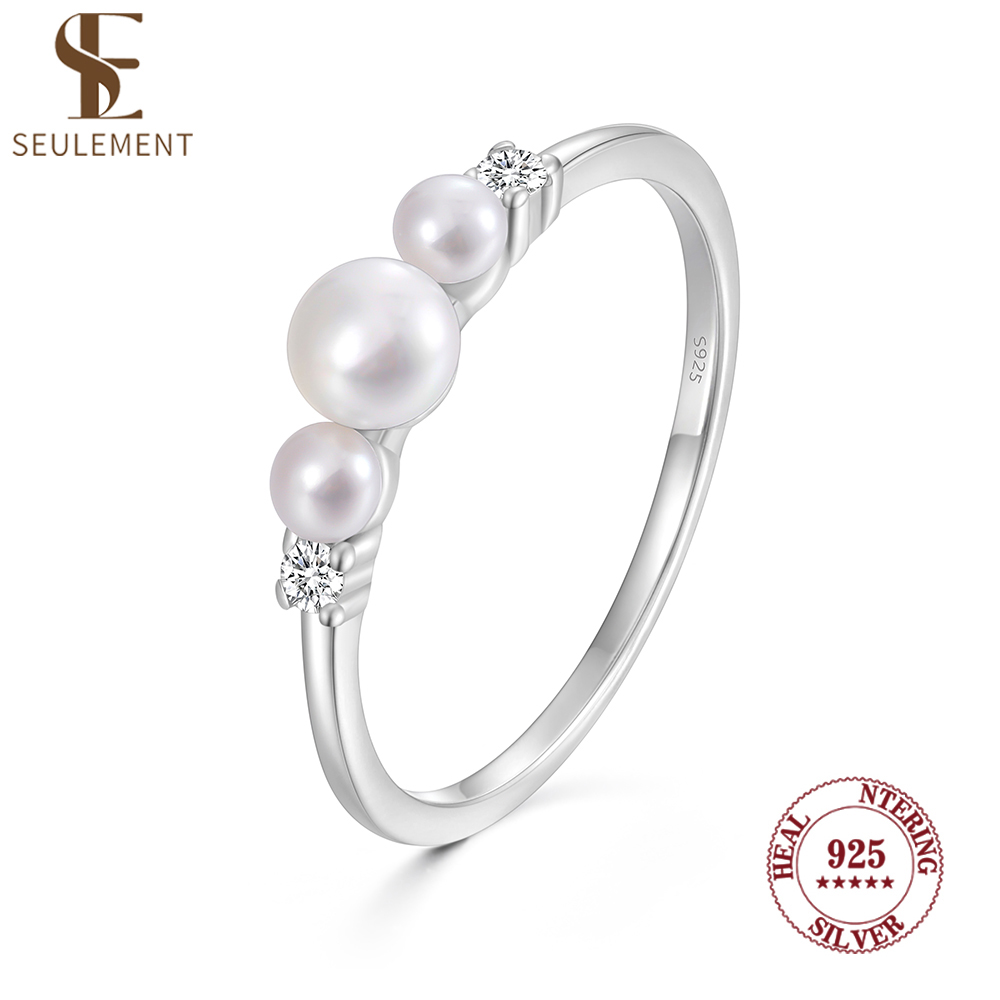 Wedding Z - Seulement 925 スターリングシルバー 3 パールリング女性用絶妙なキュービックジルコニア象嵌スタッカブルフィンガーリングジュエリー女性用