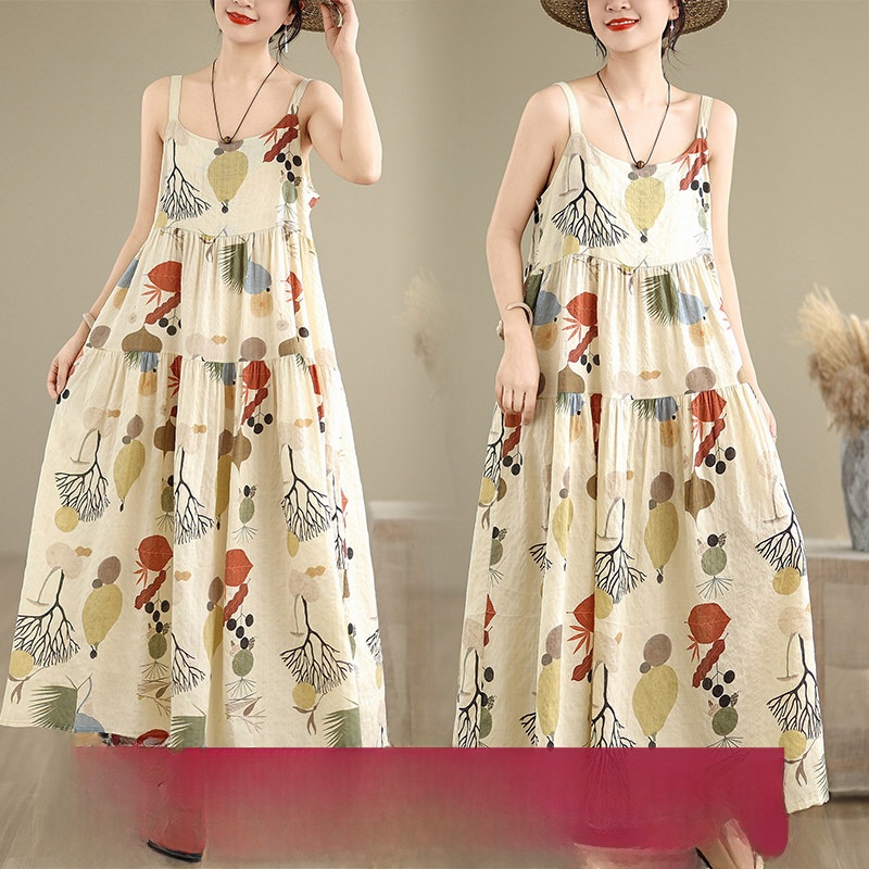 Good Floral & Wedding Decor Supply - 花柄コットンリネンマキシワンピース Aラインスカート ハイウエスト ルーズフィット サマーロングワンピース 高品質