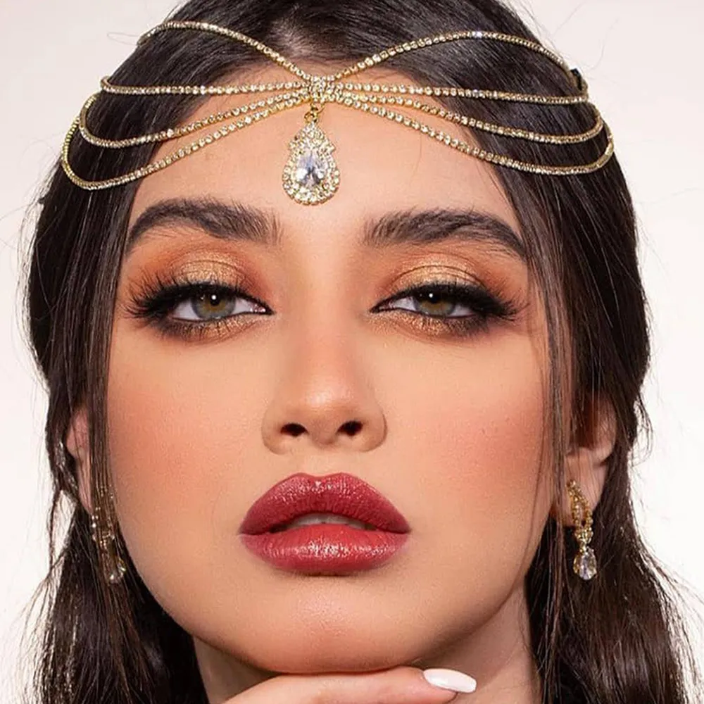Indian Wedding Supply - XSBODY 自由奔放に生きるブライダルラインストーンヘッドチェーンヘッドバンド女性のウェディングアクセサリークリスタル額チェーンインディアンヘアジュエリー