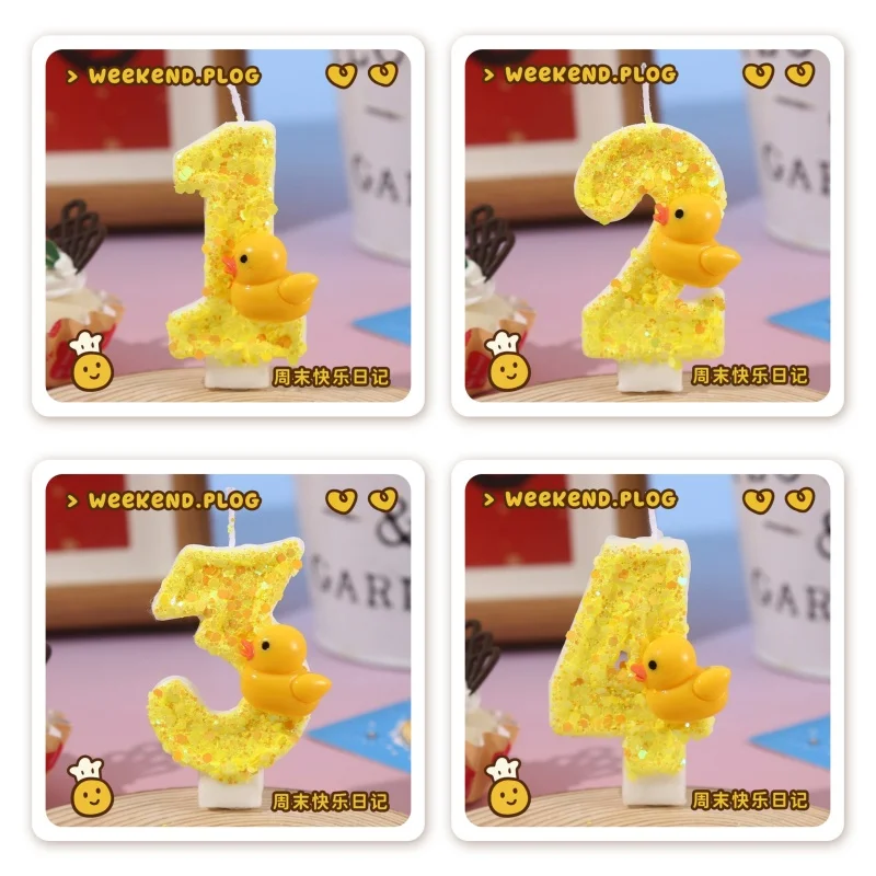 Unity Candle Set - 3Dミニイエローアヒルテーマキャンドルケーキデコレーション0-9ナンバーキャンドルケーキトッパー誕生日パーティーケーキデコレーション