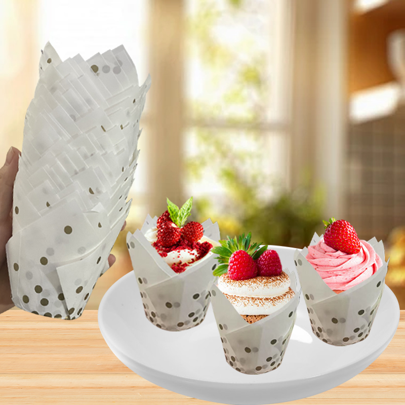 50個/100個 ゴールドドットチューリップケーキカップ、高 - Wedding Cake Supply のレビューと価格