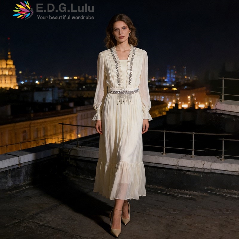 EDGLuLu エレガントなホワイトシフォンロングドレス女性 - Wedding Lulu のレビューと価格
