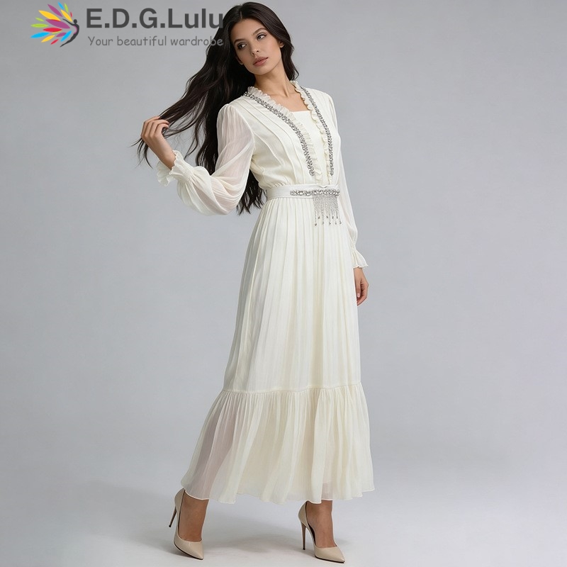 EDGLuLu エレガントなホワイトシフォンロングドレス女性 - Wedding Lulu のレビューと価格