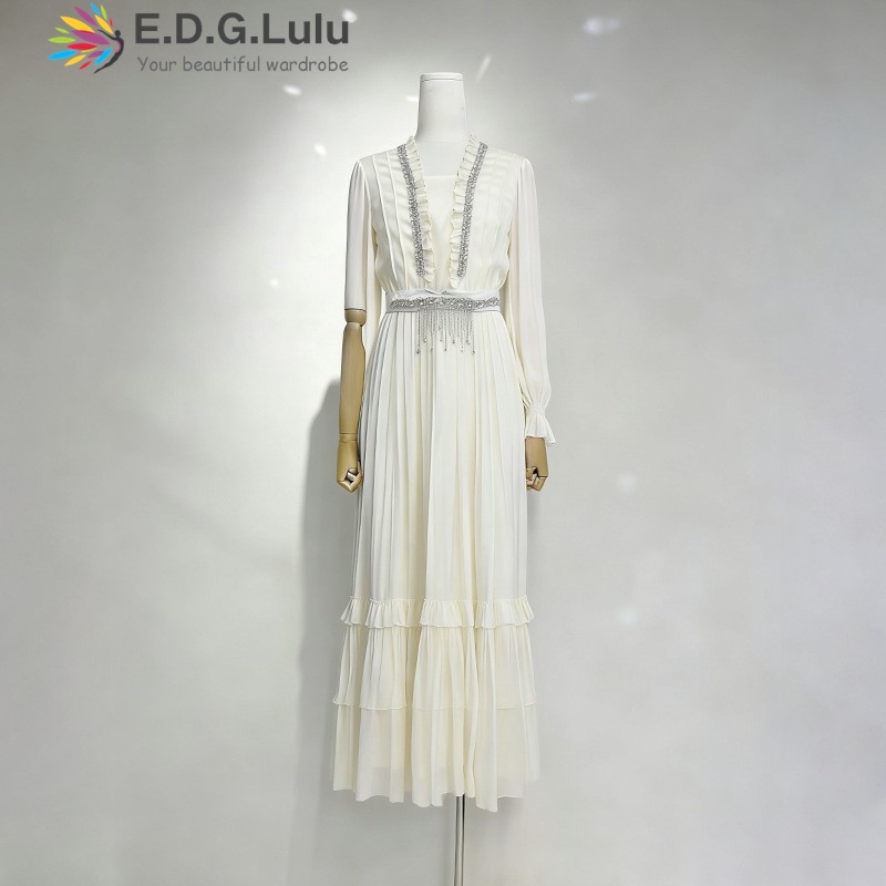 EDGLuLu エレガントなホワイトシフォンロングドレス女性 - Wedding Lulu のレビューと価格